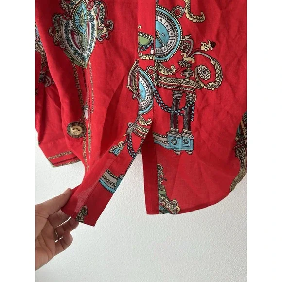Maeve Anthropologie Whimsy Button Up Shirt Women Sz 6 Red All Over Print Motif - Picture 6 of 9